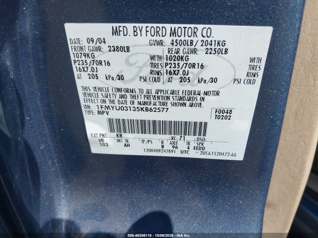 46306118 :رقم المزاد ، 1FMYU03135KB62577 vin ، 2005 Ford Escape Xlt مزاد بيع