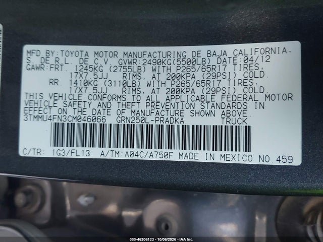 Продажа на аукционе авто 2012 Toyota Tacoma Base V6, vin: 3TMMU4FN3CM046066, номер лота: 46306123