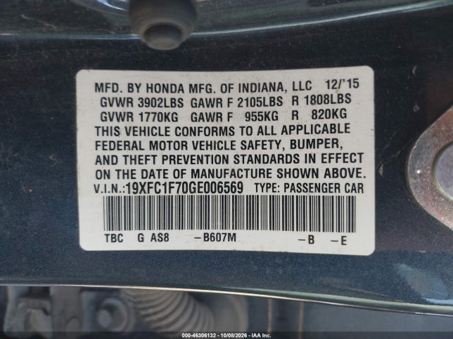 Aukcja sprzedaży 2016 Honda Civic Ex-l, vin: 19XFC1F70GE006569, numer aukcji: 46306132