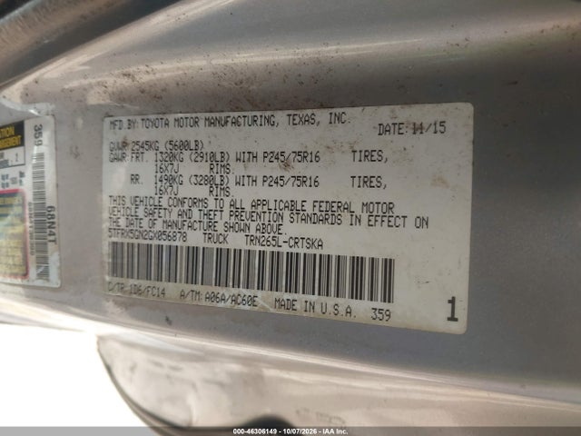 46306149 :رقم المزاد ، 5TFRX5GN2GX056878 vin ، 2016 Toyota Tacoma Sr5 مزاد بيع