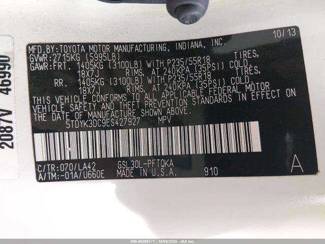 Aukcja sprzedaży 2014 Toyota Sienna Limited V6 7 Passenger, vin: 5TDYK3DC9ES427927, numer aukcji: 46306171