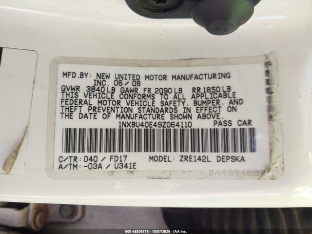 46306176 :رقم المزاد ، 1NXBU40E49Z064110 vin ، 2009 Toyota Corolla S مزاد بيع