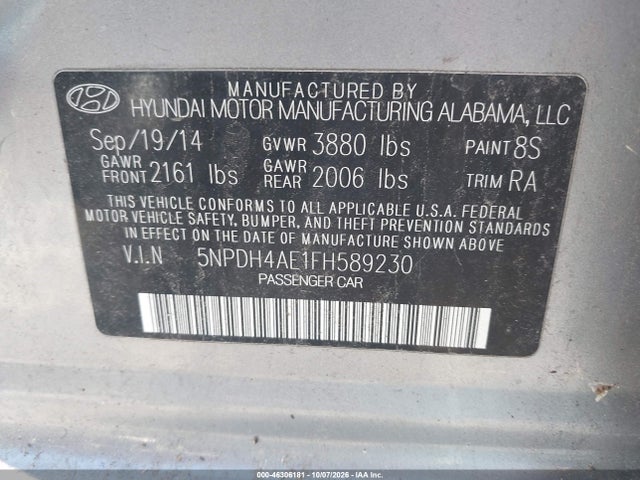 Aukcja sprzedaży 2015 Hyundai Elantra Se, vin: 5NPDH4AE1FH589230, numer aukcji: 46306181