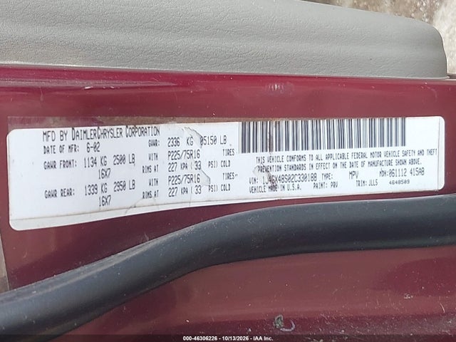 Продаж на аукціоні авто 2002 Jeep Grand Cherokee Laredo, vin: 1J4GX48S02C330188, номер лоту: 46306226