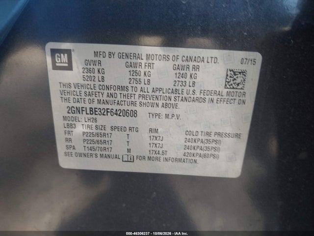 Продажа на аукционе авто 2015 Chevrolet Equinox 1lt, vin: 2GNFLBE32F6420608, номер лота: 46306237