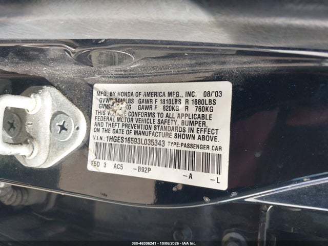 2003 Honda Civic Lx მანქანა იყიდება აუქციონზე, vin: 1HGES16593L035343, აუქციონის ნომერი: 46306241