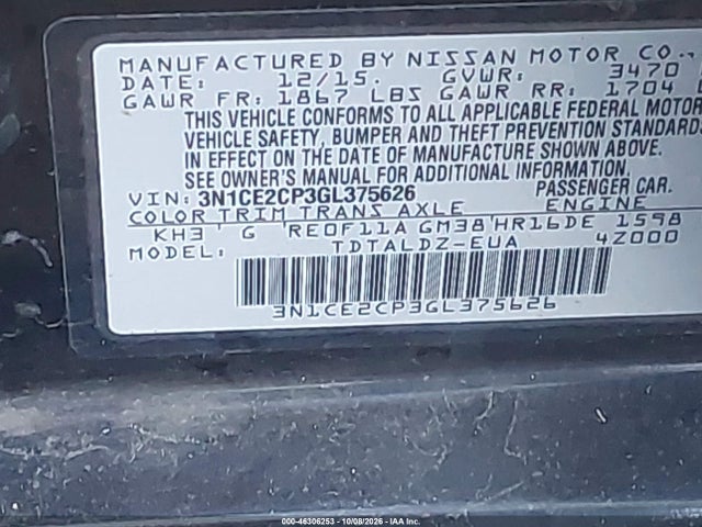 46306253 :رقم المزاد ، 3N1CE2CP3GL375626 vin ، 2016 Nissan Versa Note Sv مزاد بيع
