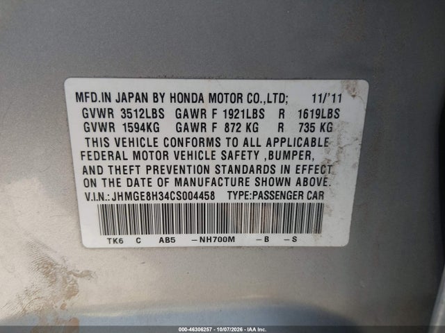46306257 :رقم المزاد ، JHMGE8H34CS004458 vin ، 2012 Honda Fit مزاد بيع