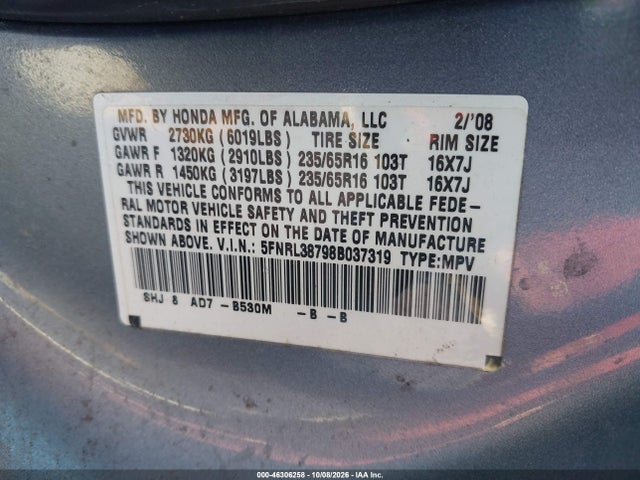 Auction sale of the 2008 Honda Odyssey Ex-l, vin: 5FNRL38798B037319, lot number: 46306258
