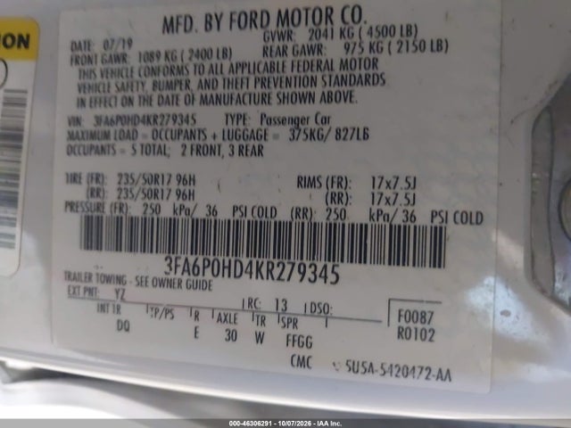 Продажа на аукционе авто 2019 Ford Fusion Se, vin: 3FA6P0HD4KR279345, номер лота: 46306291