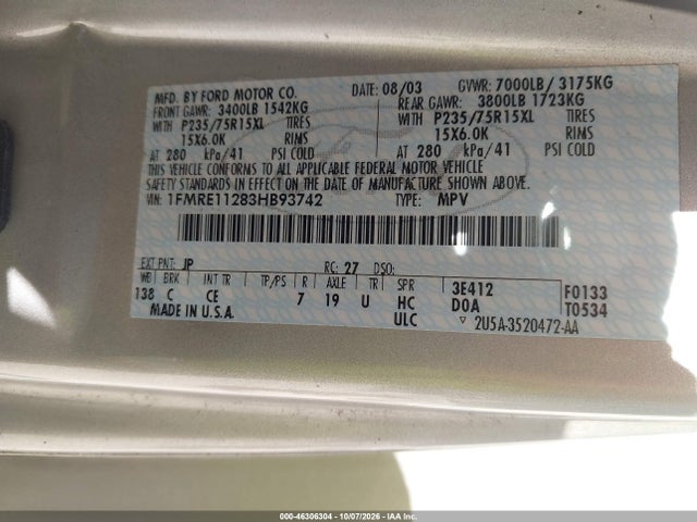 Продаж на аукціоні авто 2003 Ford E-150 Chateau/xl/xlt, vin: 1FMRE11283HB93742, номер лоту: 46306304