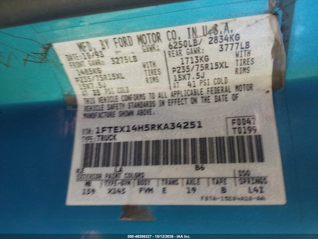 46306327 :رقم المزاد ، 1FTEX14H5RKA34251 vin ، 1994 Ford F150 مزاد بيع
