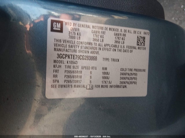 Aukcja sprzedaży 2012 Chevrolet Silverado 1500 Ltz, vin: 3GCPKTE79CG283868, numer aukcji: 46306337