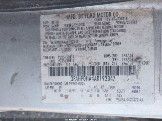 Продажа на аукционе авто 2010 Ford Fusion Se, vin: 3FAHP0HA4AR192347, номер лота: 46306351