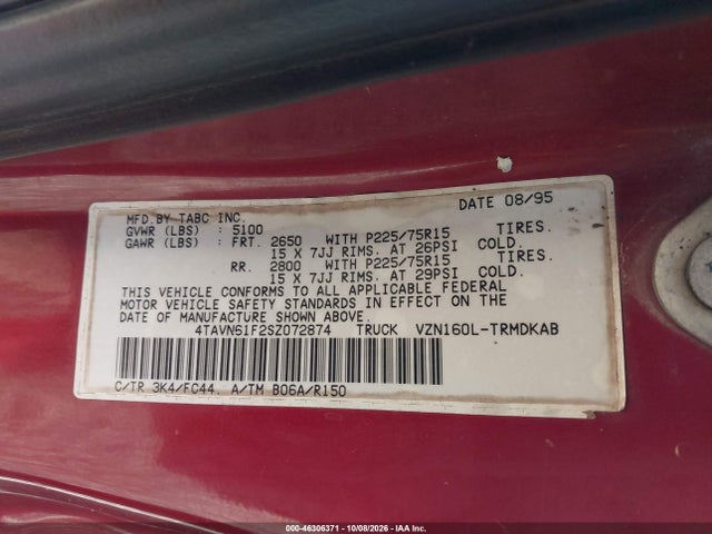 46306371 :رقم المزاد ، 4TAVN61F2SZ072874 vin ، 1995 Toyota Tacoma مزاد بيع