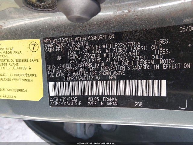 2006 Toyota Highlander V6 მანქანა იყიდება აუქციონზე, vin: JTEDP21A960119170, აუქციონის ნომერი: 46306395