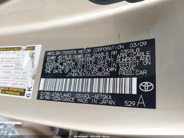 46306402 :رقم المزاد ، JTNBK3EK5A3048085 vin ، 2010 Toyota Camry Xle V6 مزاد بيع