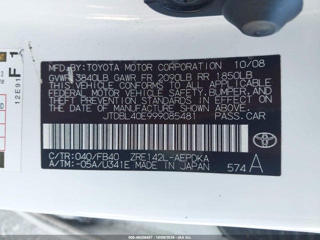 Продаж на аукціоні авто 2009 Toyota Corolla Le, vin: JTDBL40E999085481, номер лоту: 46306407