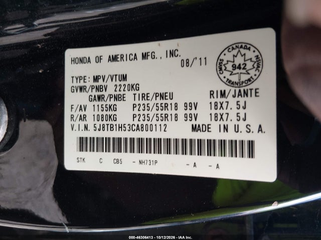 46306413 :رقم المزاد ، 5J8TB1H53CA800112 vin ، 2012 Acura Rdx مزاد بيع