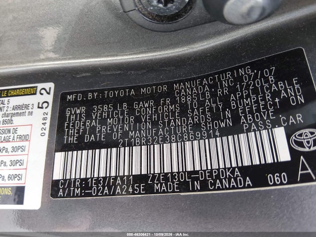 Продаж на аукціоні авто 2008 Toyota Corolla Ce, vin: 2T1BR32E38C869914, номер лоту: 46306421