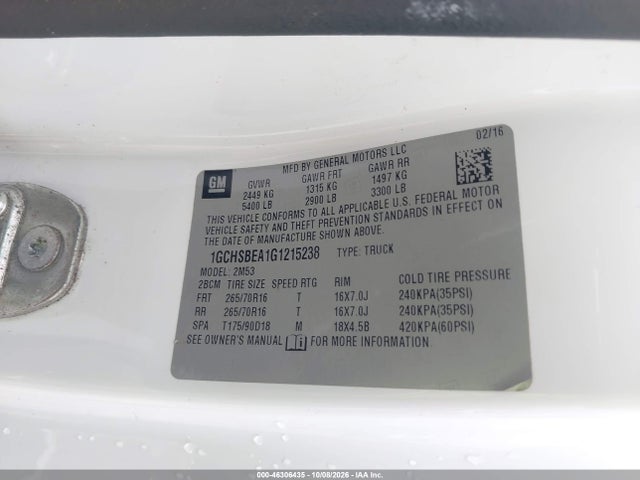 Aukcja sprzedaży 2016 Chevrolet Colorado Wt, vin: 1GCHSBEA1G1215238, numer aukcji: 46306435