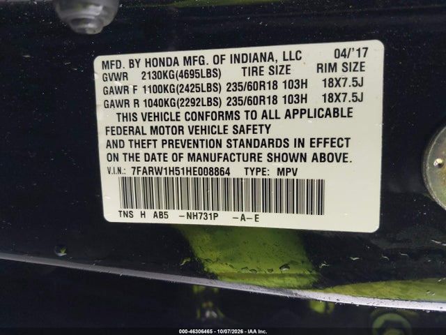 Продаж на аукціоні авто 2017 Honda Cr-v Ex, vin: 7FARW1H51HE008864, номер лоту: 46306465