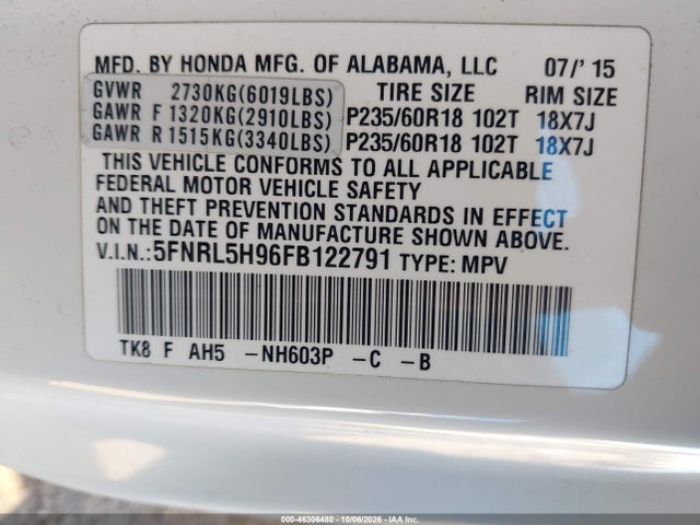 5FNRL5H96FB122791 Honda Odyssey Touring/touring Elite