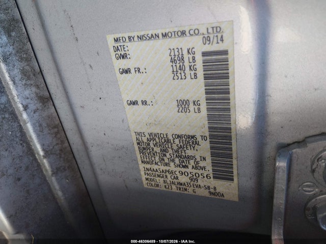 2014 Nissan Maxima 3.5 Sv მანქანა იყიდება აუქციონზე, vin: 1N4AA5AP6EC905056, აუქციონის ნომერი: 46306489