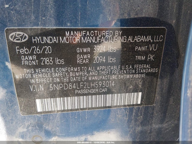 Продаж на аукціоні авто 2020 Hyundai Elantra Sel, vin: 5NPD84LF2LH593014, номер лоту: 46306515