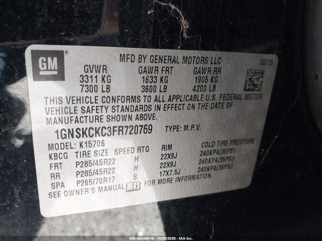 46306516 :رقم المزاد ، 1GNSKCKC3FR720769 vin ، 2015 Chevrolet Tahoe Ltz مزاد بيع