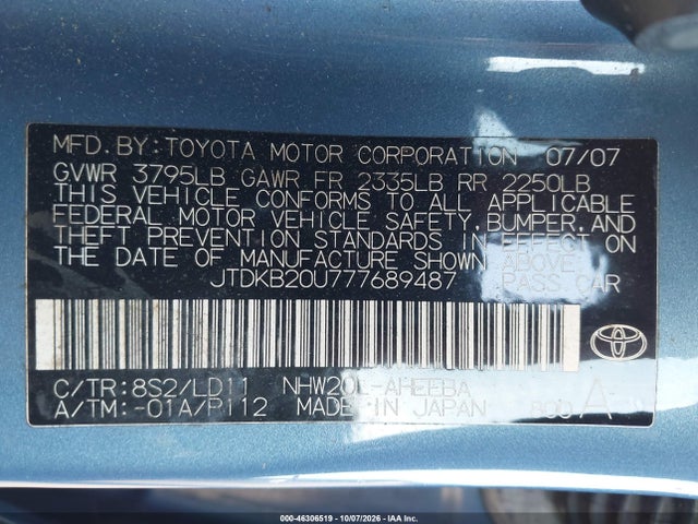 Продажа на аукционе авто 2007 Toyota Prius Touring, vin: JTDKB20U777689487, номер лота: 46306519