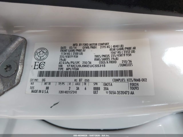 46306528 :رقم المزاد ، 1FMCU9J96EUC55315 vin ، 2014 Ford Escape Titanium مزاد بيع