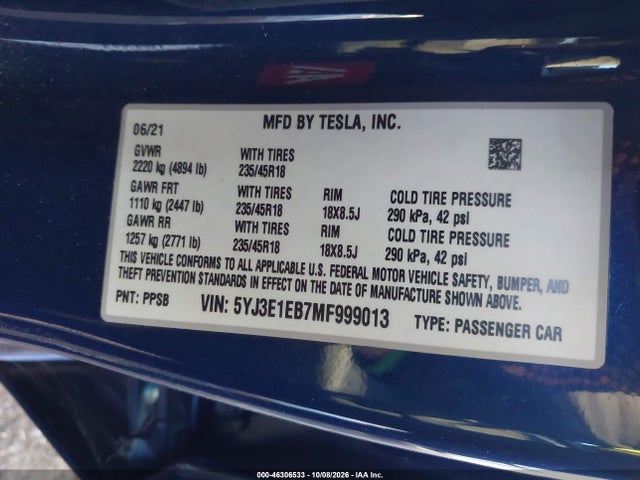 5YJ3E1EB7MF999013 Tesla Model 3 Long Range Dual Motor All-wheel Drive