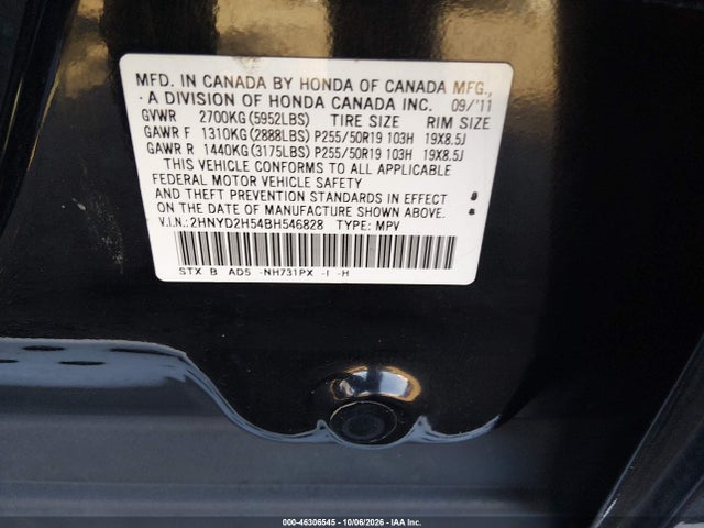 46306545 :رقم المزاد ، 2HNYD2H54BH546828 vin ، 2011 Acura Mdx Advance Package مزاد بيع