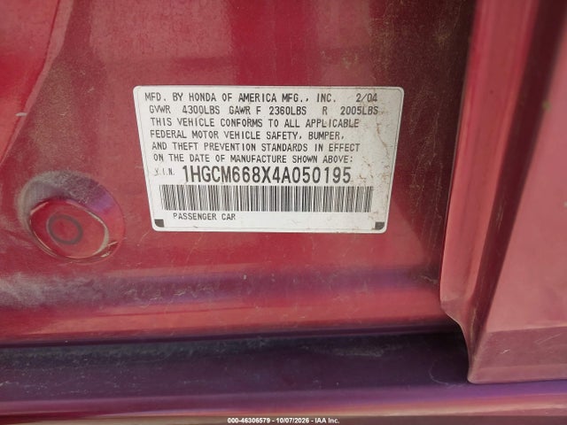 Продажа на аукционе авто 2004 Honda Accord 3.0 Ex, vin: 1HGCM668X4A050195, номер лота: 46306579