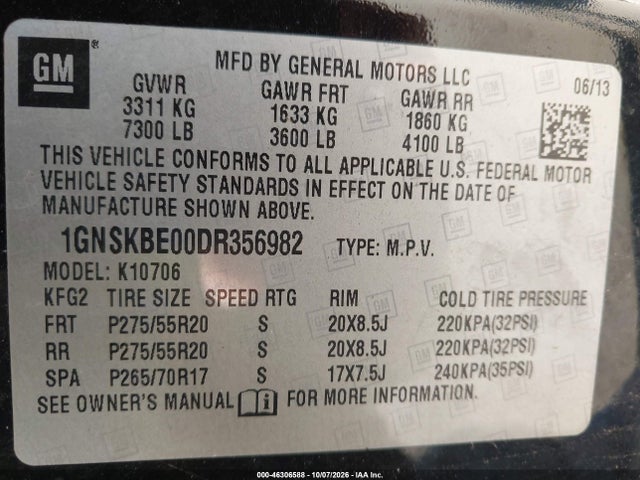 Продажа на аукционе авто 2013 Chevrolet Tahoe Lt, vin: 1GNSKBE00DR356982, номер лота: 46306588
