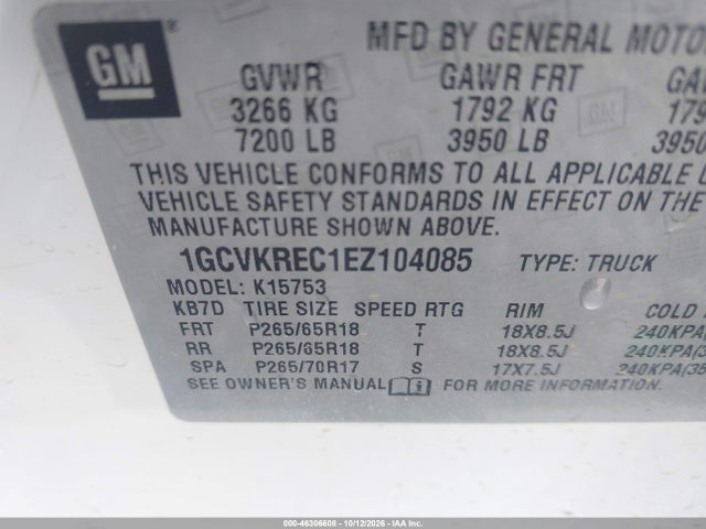 Aukcja sprzedaży 2014 Chevrolet Silverado 1500 1lt, vin: 1GCVKREC1EZ104085, numer aukcji: 46306608