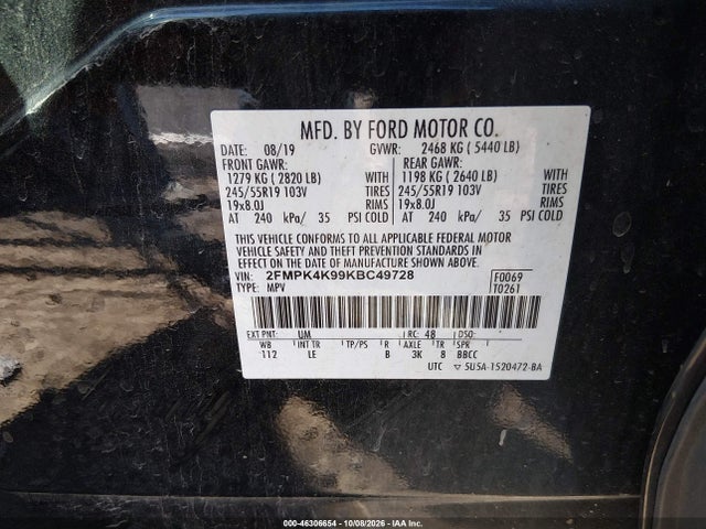 Продаж на аукціоні авто 2019 Ford Edge Titanium, vin: 2FMPK4K99KBC49728, номер лоту: 46306654