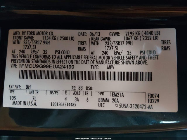 Продаж на аукціоні авто 2014 Ford Escape Se, vin: 1FMCU9G99EUA24190, номер лоту: 46306669