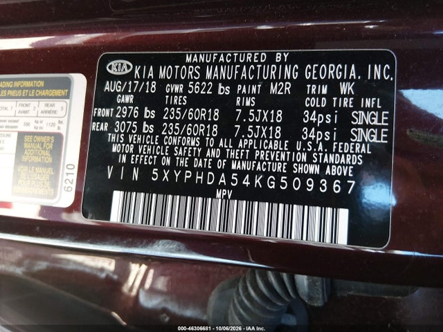 Продажа на аукционе авто 2019 Kia Sorento 3.3l Ex, vin: 5XYPHDA54KG509367, номер лота: 46306681