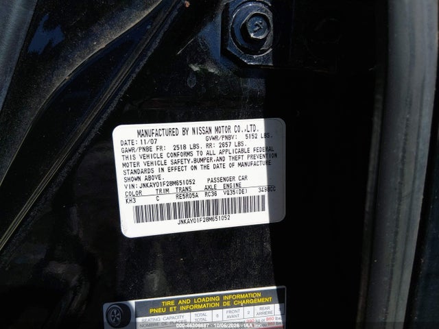Aukcja sprzedaży 2008 Infiniti M35x, vin: JNKAY01F28M651052, numer aukcji: 46306687