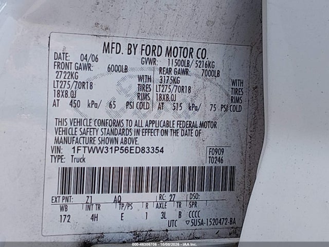 46306706 :رقم المزاد ، 1FTWW31P56ED83354 vin ، 2006 Ford F-350 Lariat/xl/xlt مزاد بيع
