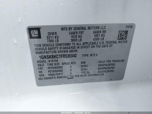 46306707 :رقم المزاد ، 1GNSKBKC7FR536042 vin ، 2015 Chevrolet Tahoe Lt مزاد بيع