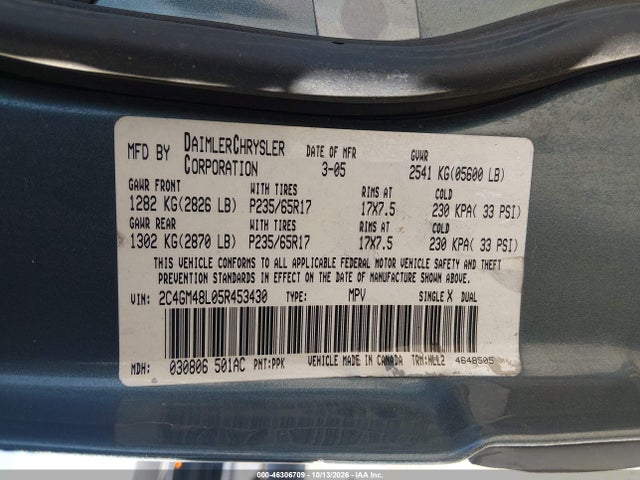 46306709 :رقم المزاد ، 2C4GM48L05R453430 vin ، 2005 Chrysler Pacifica مزاد بيع
