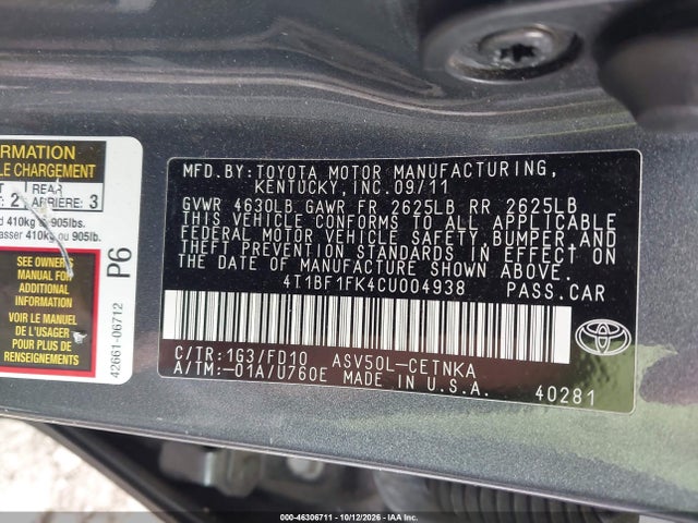 46306711 :رقم المزاد ، 4T1BF1FK4CU004938 vin ، 2012 Toyota Camry Le مزاد بيع