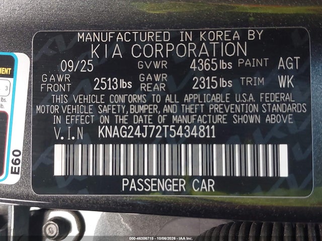 Продаж на аукціоні авто 2026 Kia K5 Lxs Fwd, vin: KNAG24J72T5434811, номер лоту: 46306715