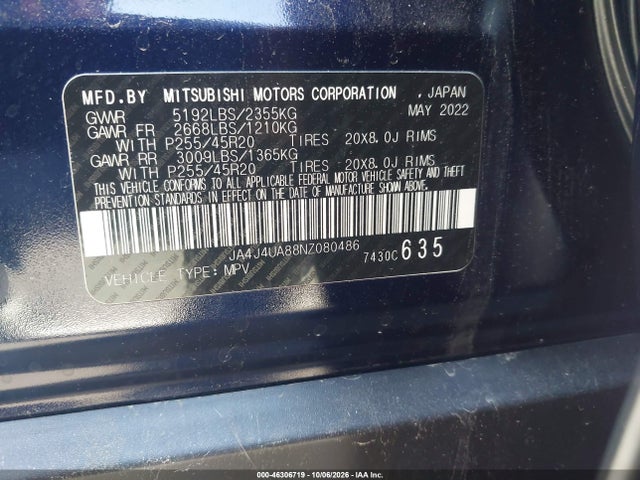 2022 Mitsubishi Outlander Black Edition S-awc/se 2.5 S-awc/se Launch Edition S-awc მანქანა იყიდება აუქციონზე, vin: JA4J4UA88NZ080486, აუქციონის ნომერი: 46306719