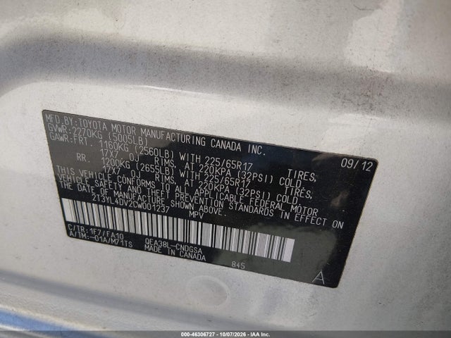 2012 Toyota Rav4 Ev მანქანა იყიდება აუქციონზე, vin: 2T3YL4DV2CW001237, აუქციონის ნომერი: 46306727