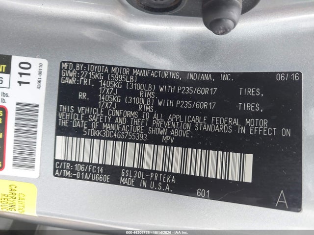 2016 Toyota Sienna Le 8 Passenger მანქანა იყიდება აუქციონზე, vin: 5TDKK3DC4GS755393, აუქციონის ნომერი: 46306728
