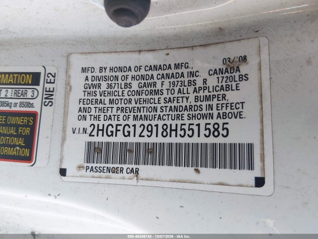 46306745 :رقم المزاد ، 2HGFG12918H551585 vin ، 2008 Honda Civic Ex-l مزاد بيع
